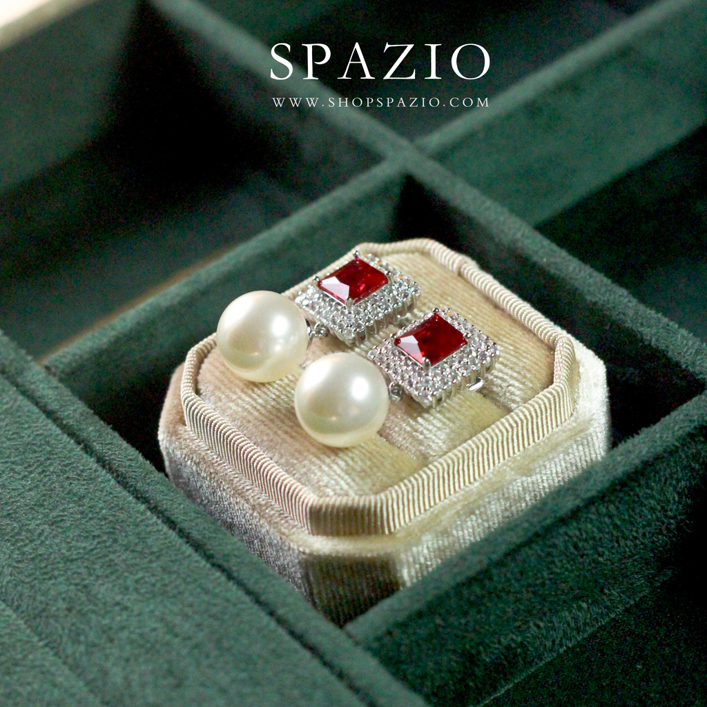 Square Pearl Drop Earrings - Red