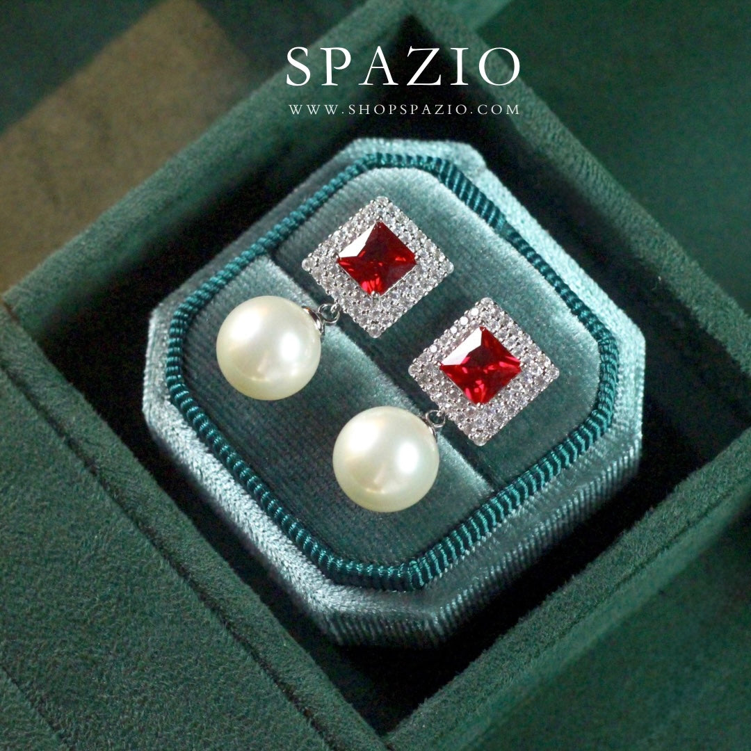 Square Pearl Drop Earrings - Red