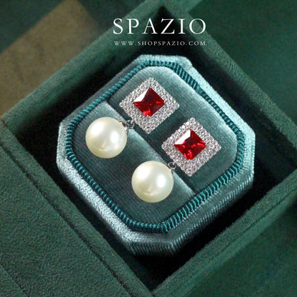 Square Pearl Drop Earrings - Red