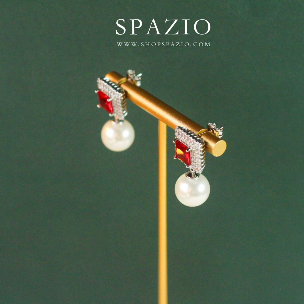 Square Pearl Drop Earrings - Red