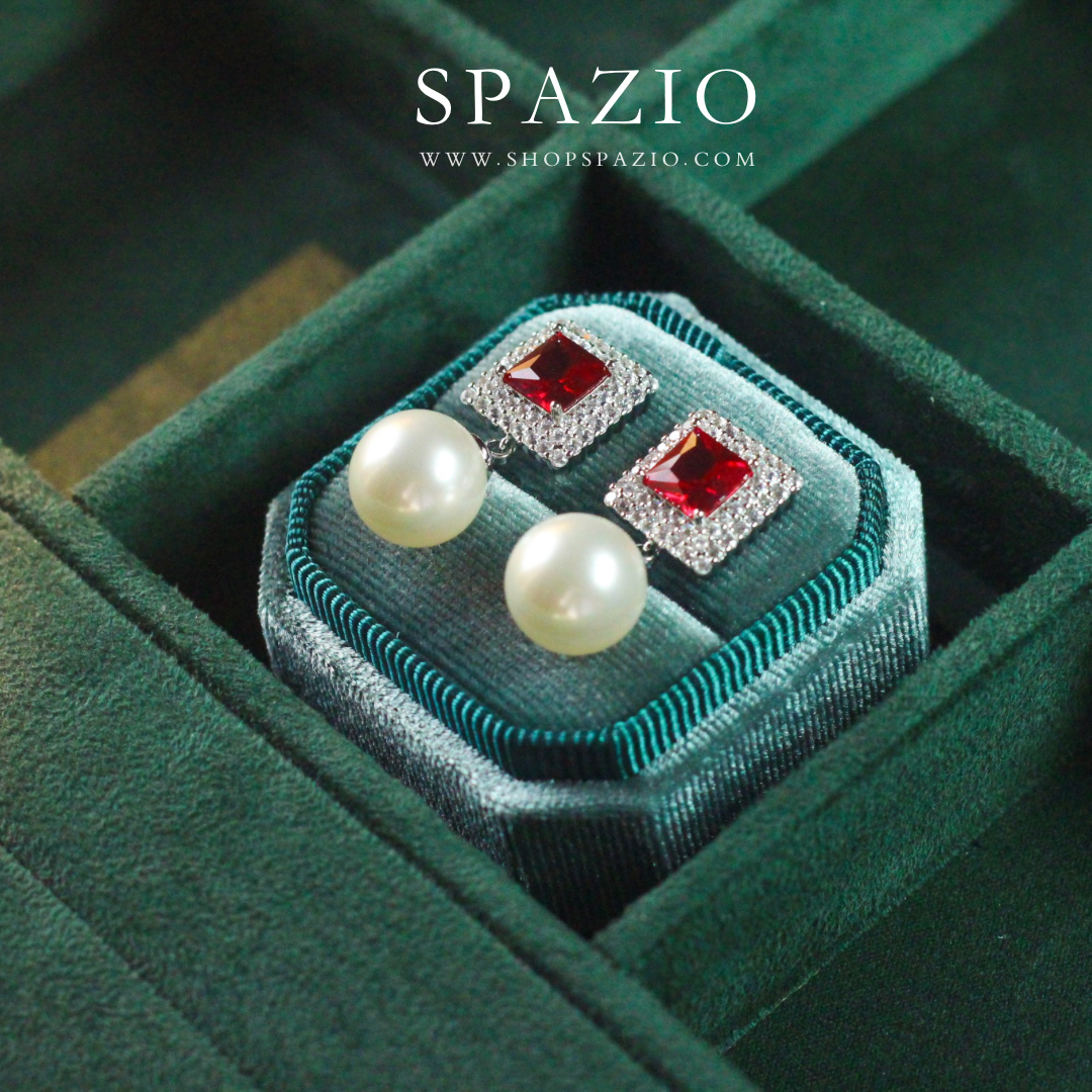 Square Pearl Drop Earrings - Red