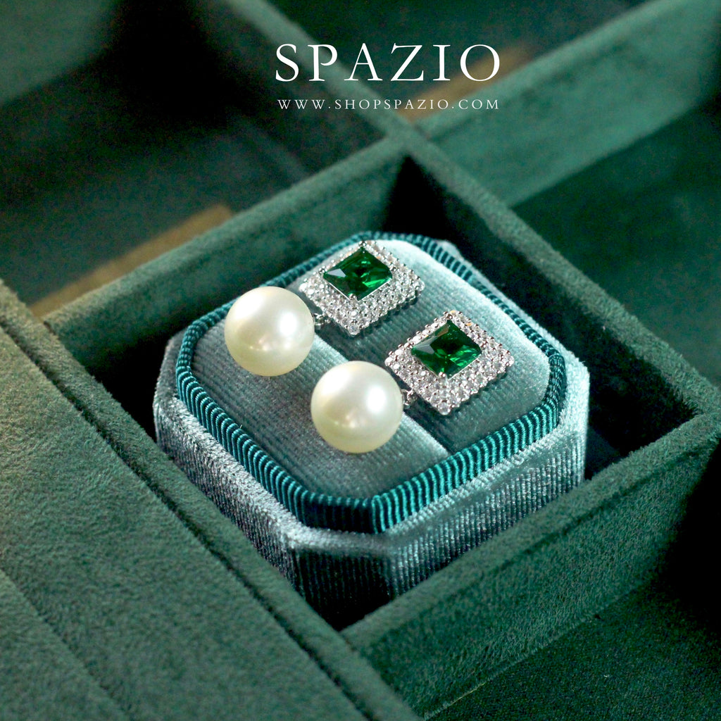 Square Pearl Drop Earrings - Green