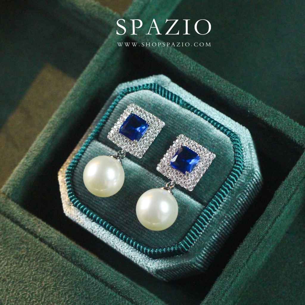 Square Pearl Drop Earrings - Blue
