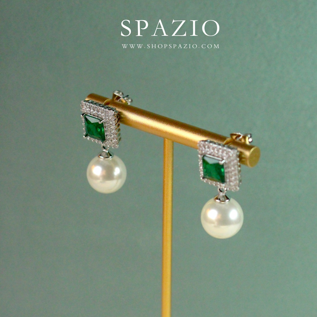 Square Pearl Drop Earrings - Green