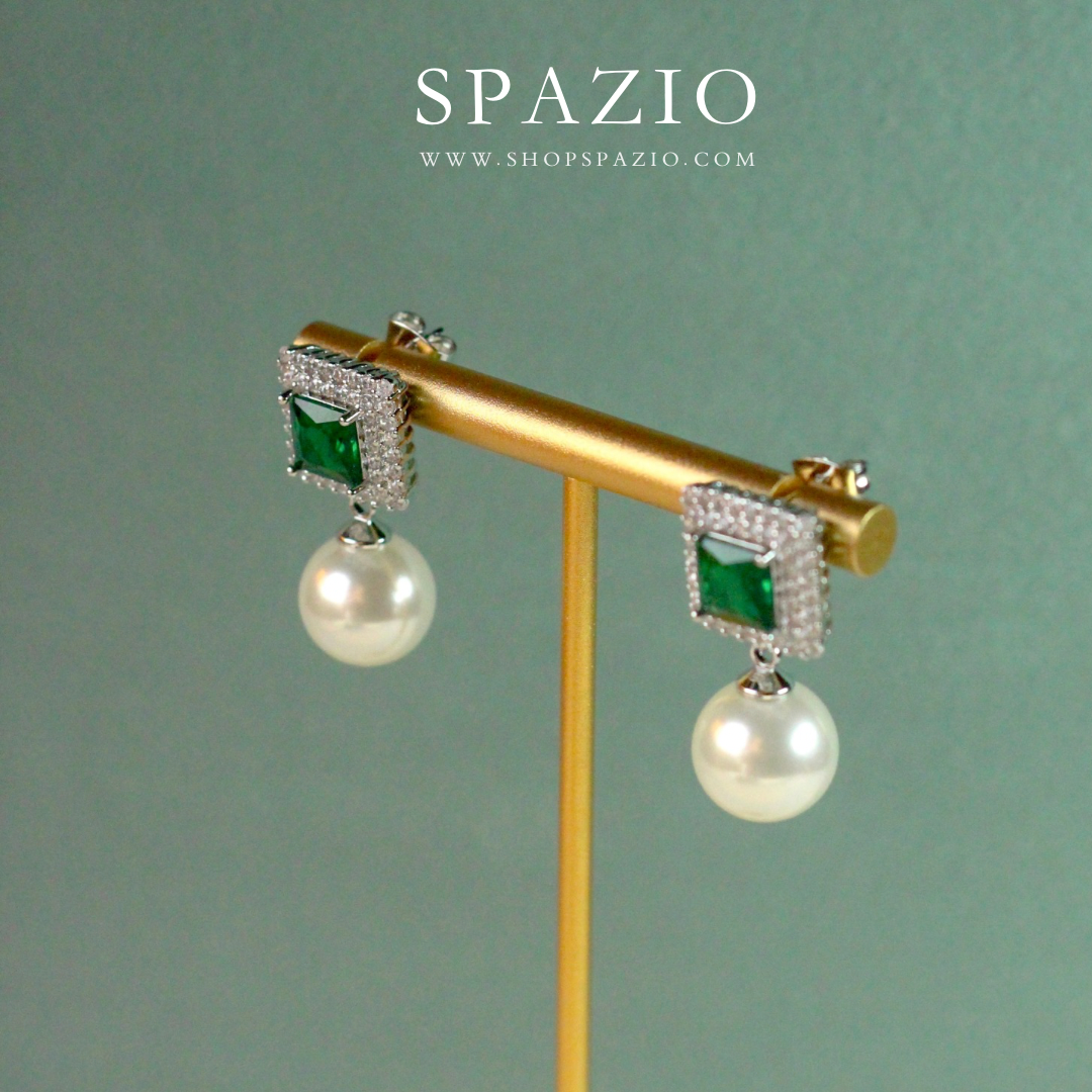 Square Pearl Drop Earrings - Green
