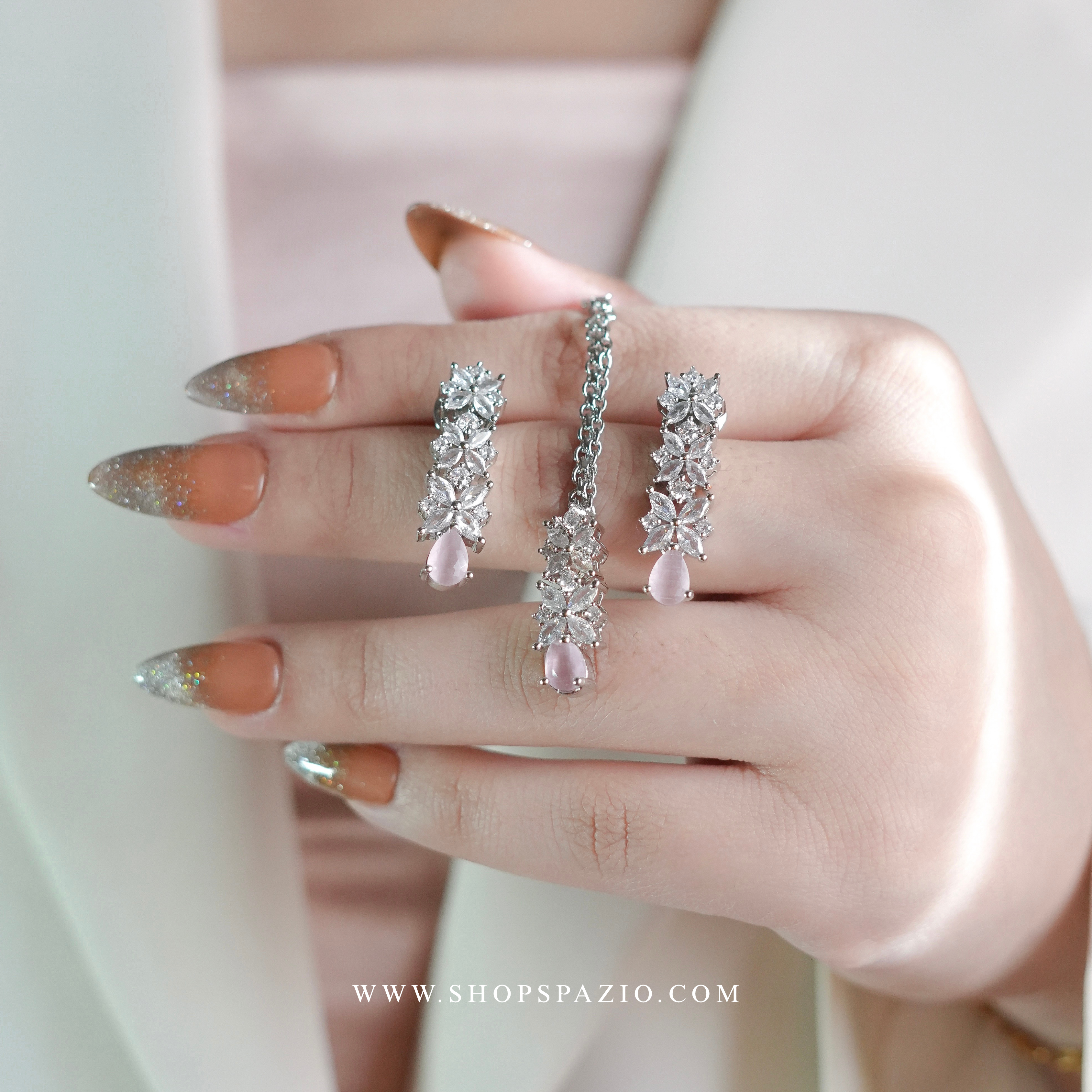 CZ Blossom Necklace Set - Pink