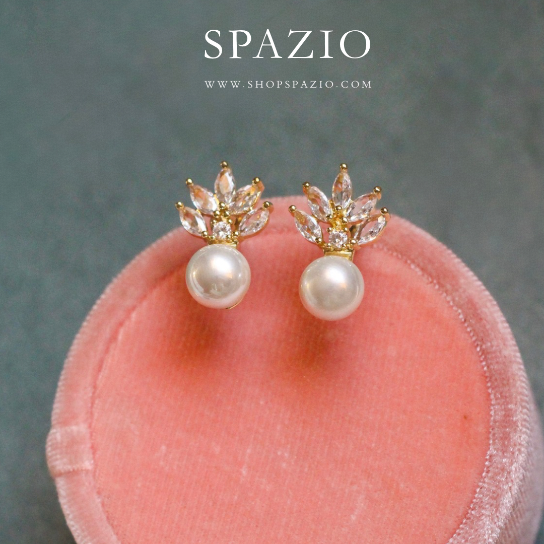 Golden Leaf Pearl CZ Studs
