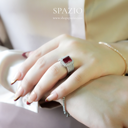 Ruby Square Halo Ring - Adjustable