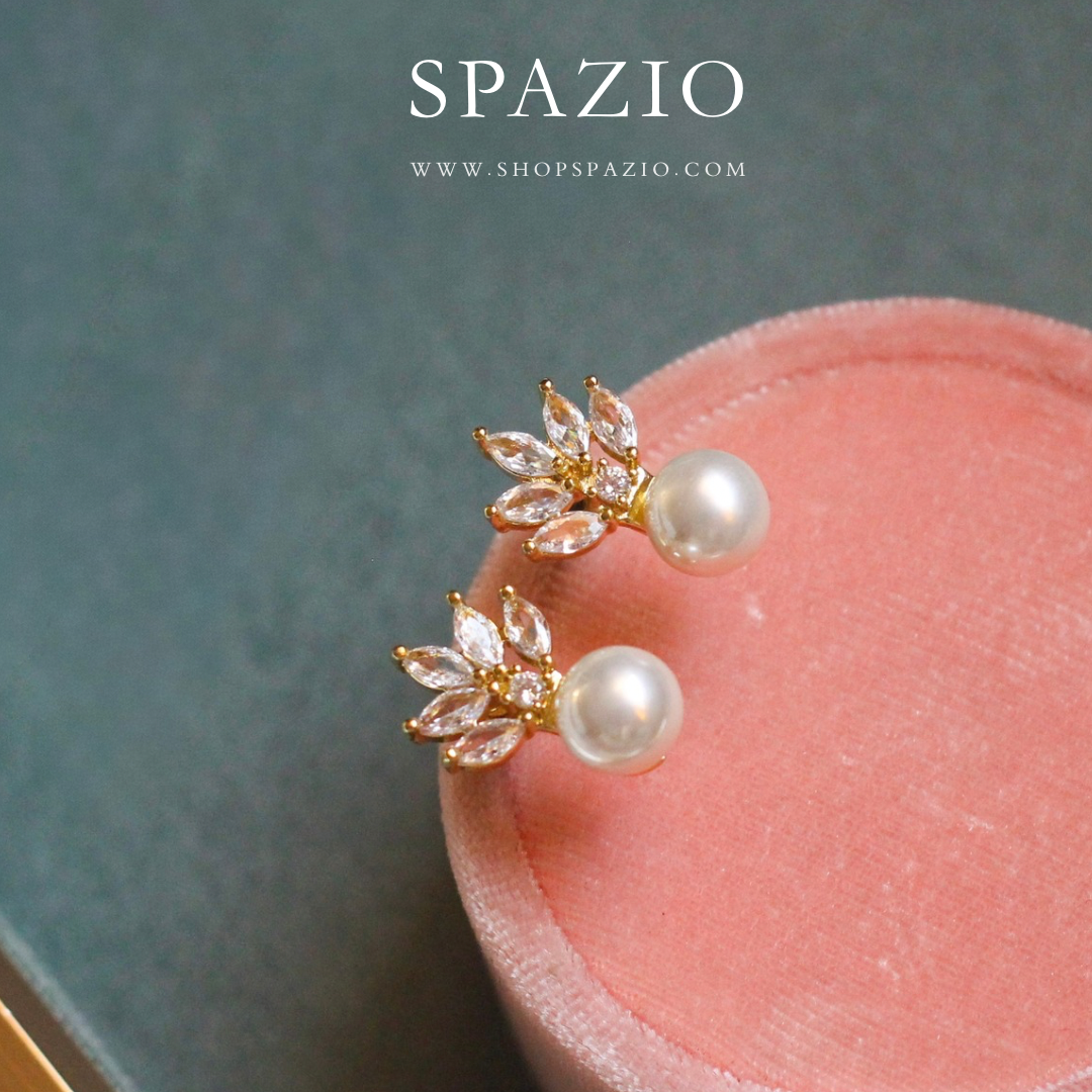 Golden Leaf Pearl CZ Studs