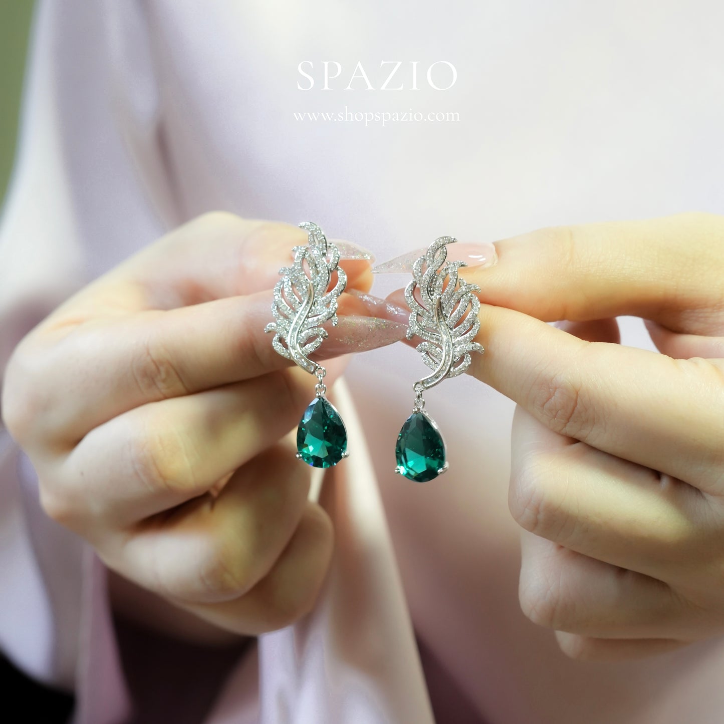 Emerald Feather Drop Earrings