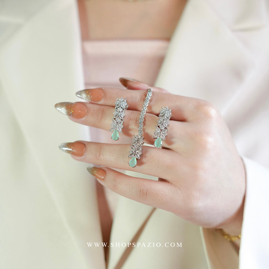 CZ Blossom Necklace Set - Mint Green