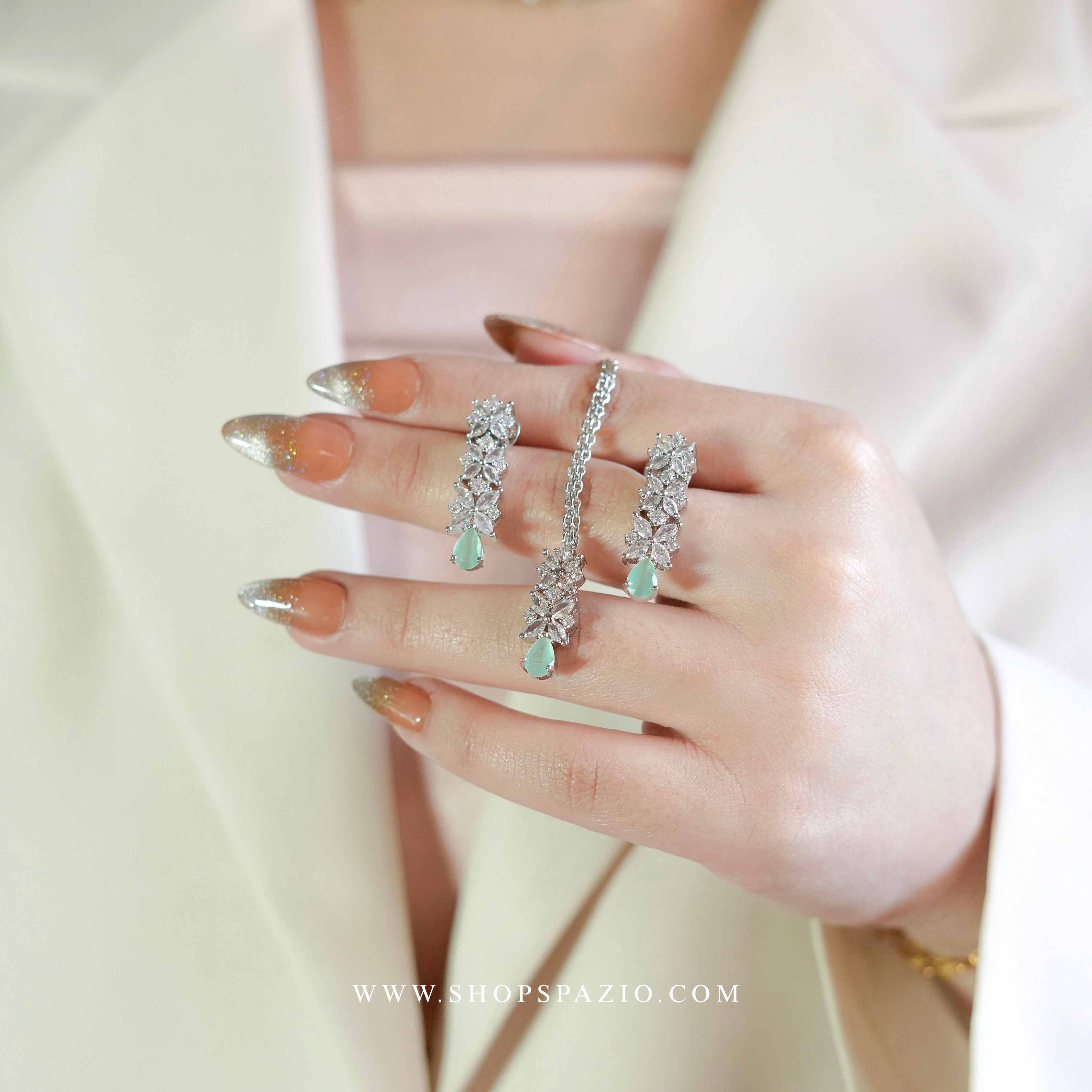 CZ Blossom Necklace Set - Mint Green