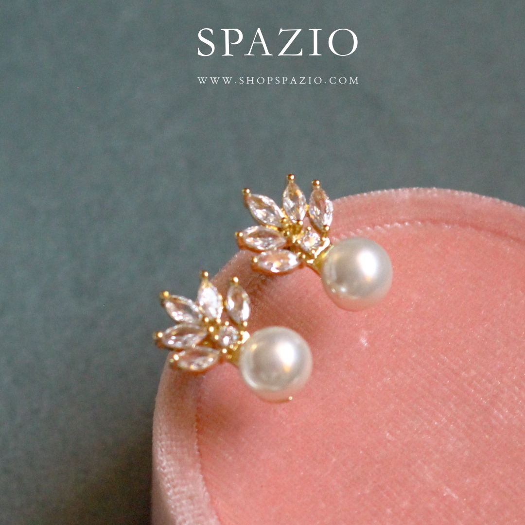 Golden Leaf Pearl CZ Studs