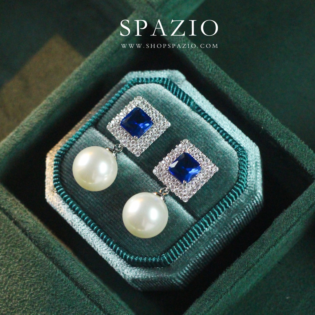 Square Pearl Drop Earrings - Blue
