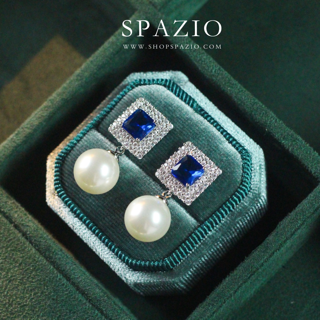 Square Pearl Drop Earrings - Blue