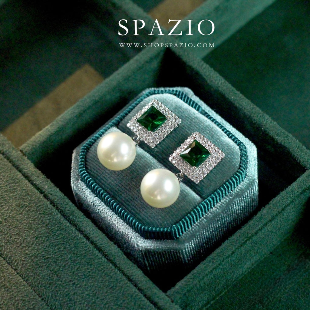 Square Pearl Drop Earrings - Green
