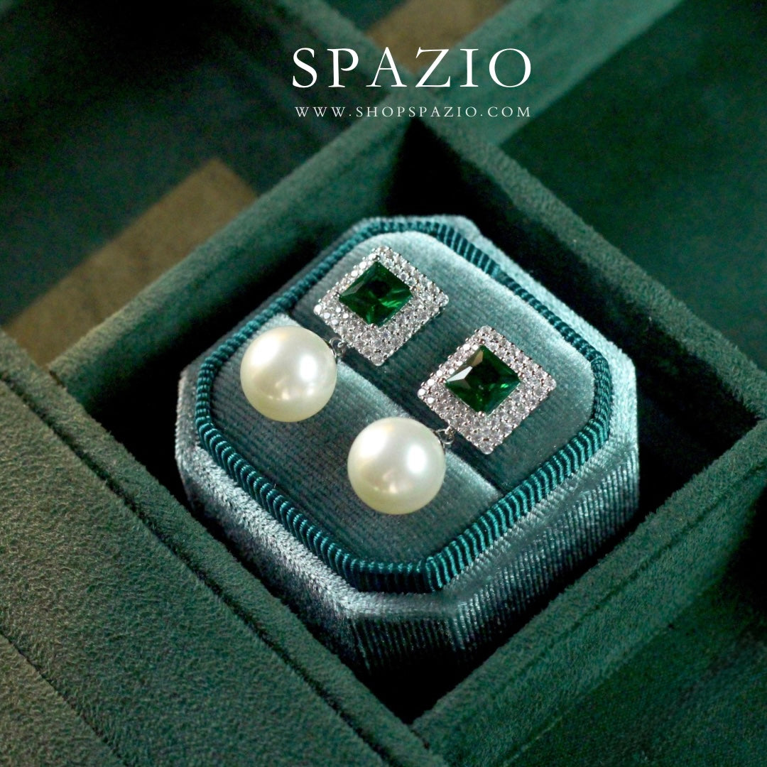 Square Pearl Drop Earrings - Green