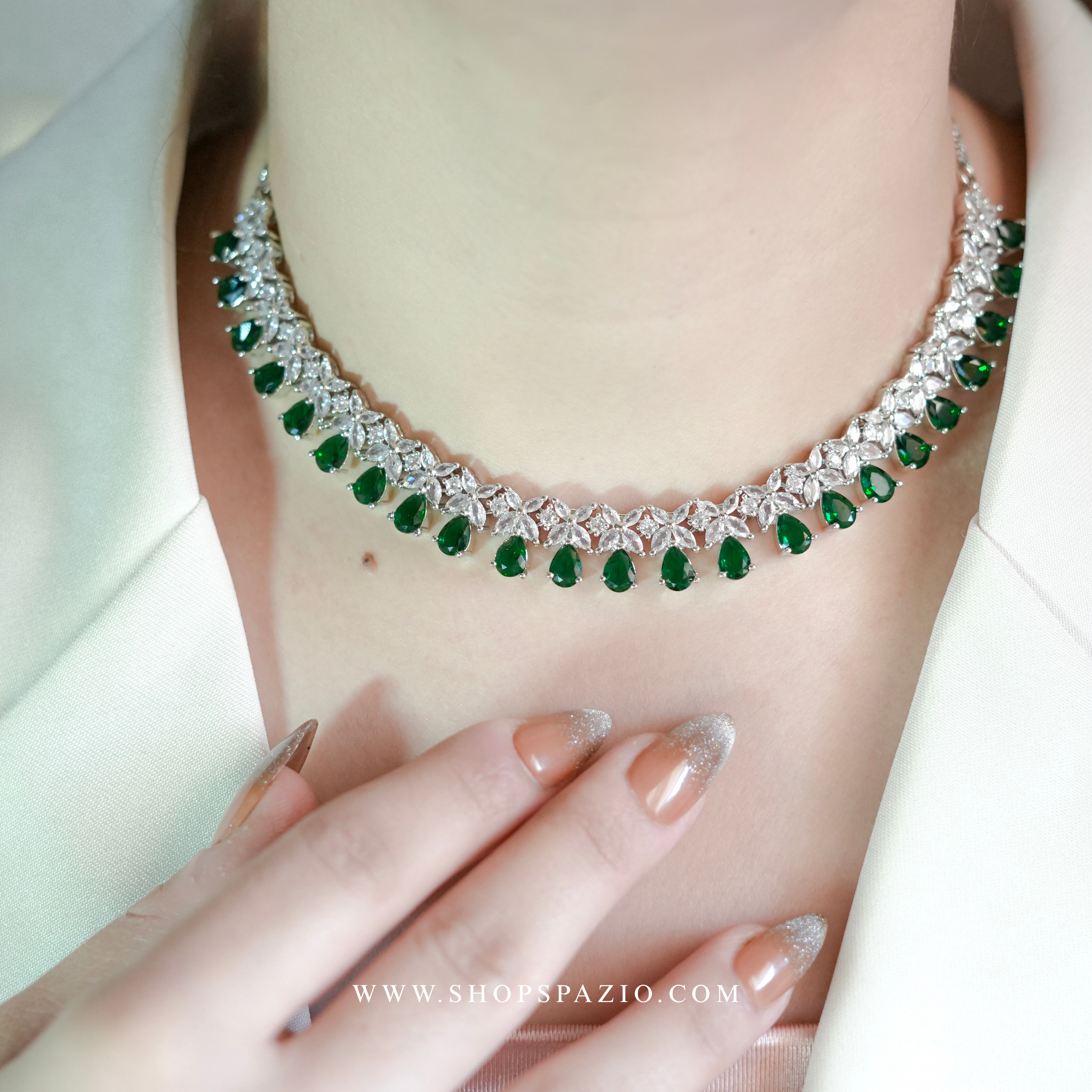 CZ Blossom Necklace Set - Emerald Green