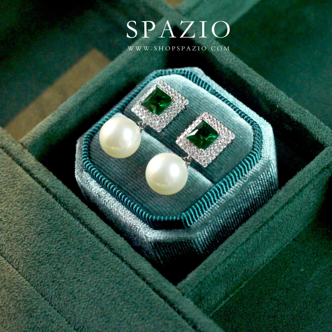 Square Pearl Drop Earrings - Green