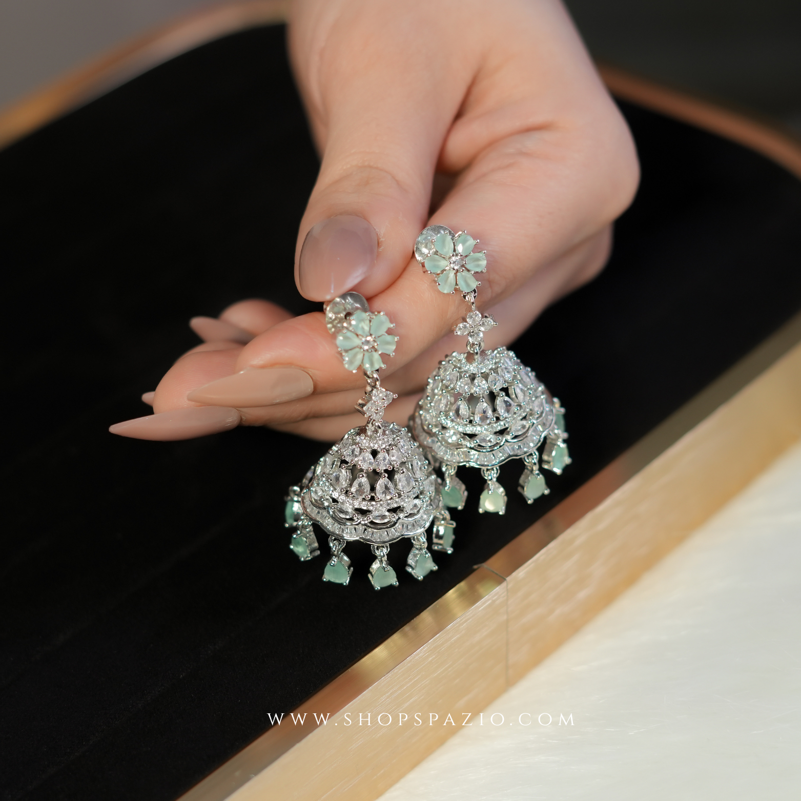 Noor Jhumki Earrings - Mint