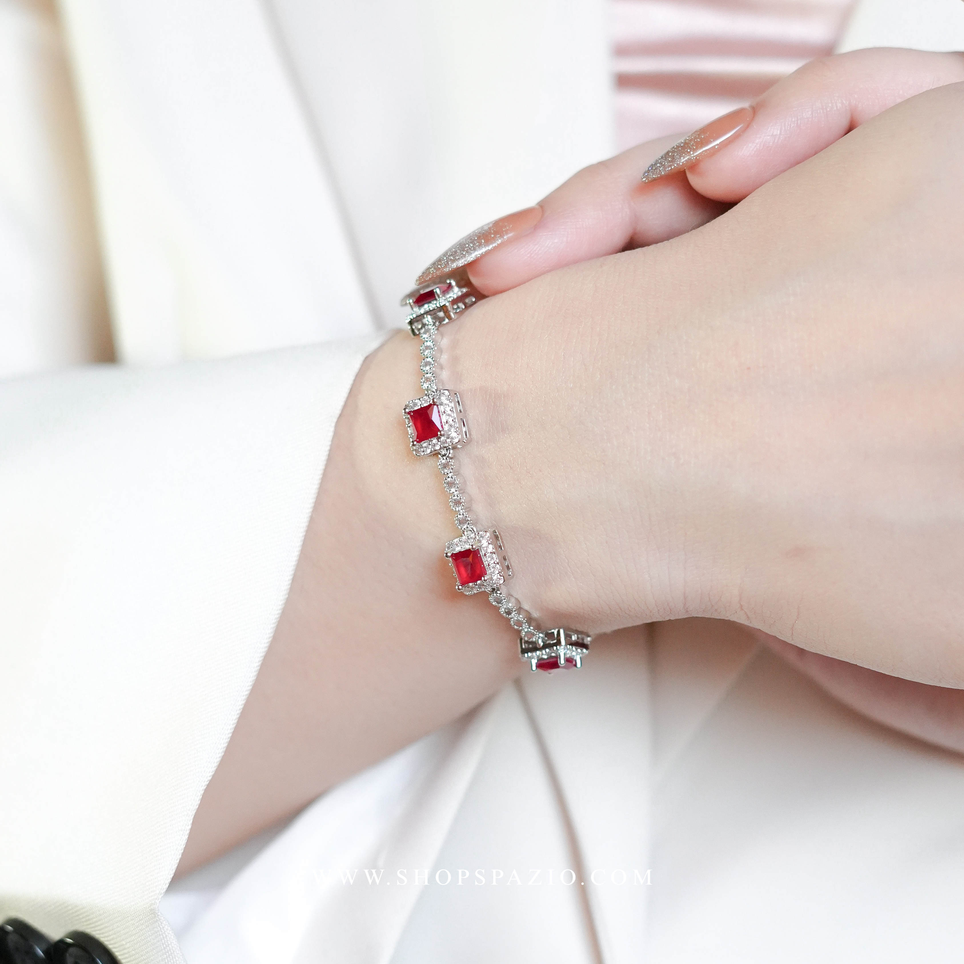 Square CZ Link Bracelet - Red
