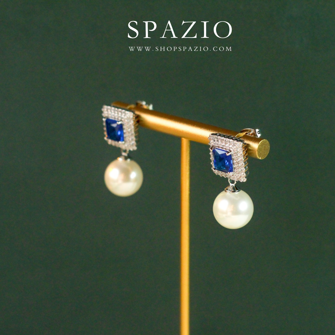 Square Pearl Drop Earrings - Blue