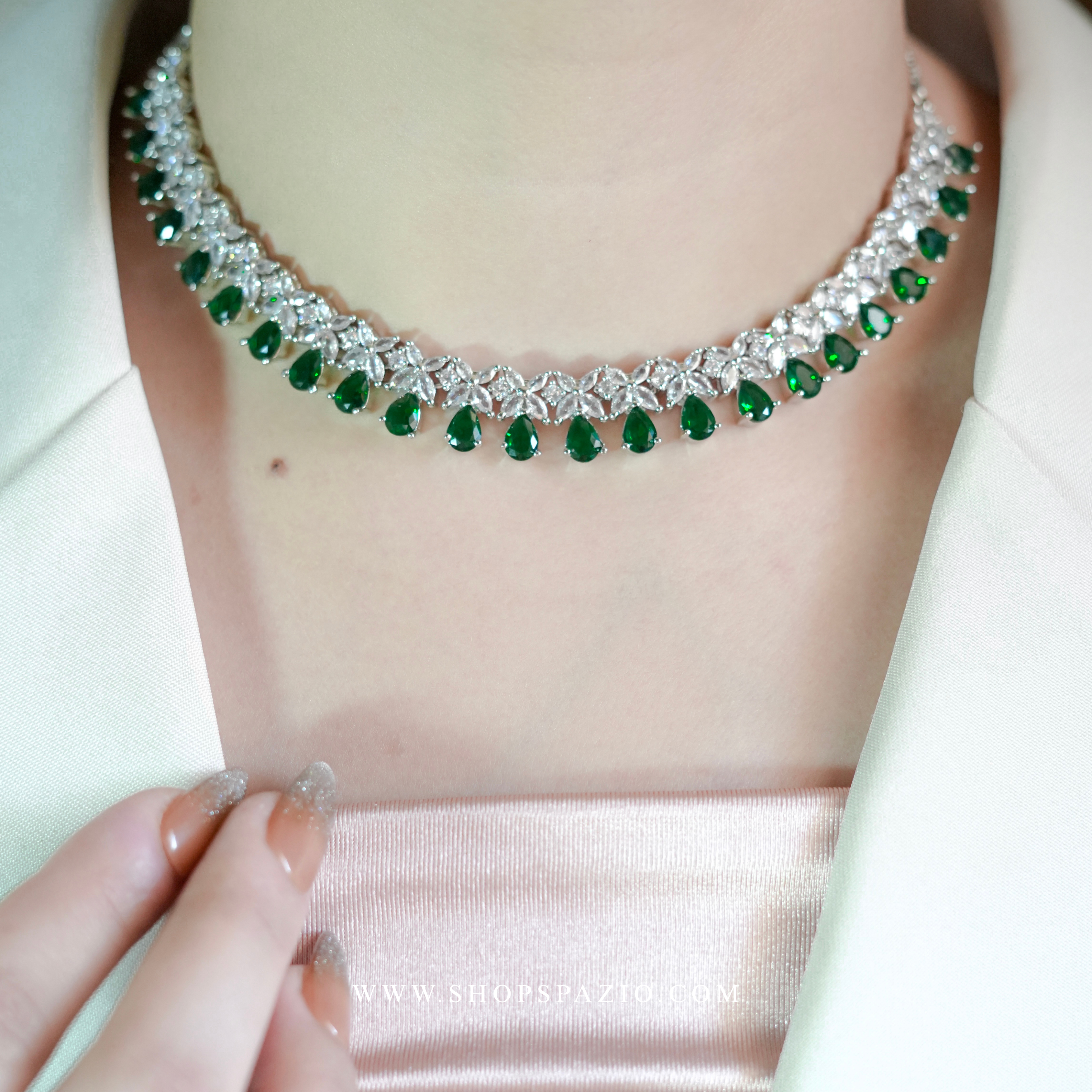 CZ Blossom Necklace Set - Emerald Green