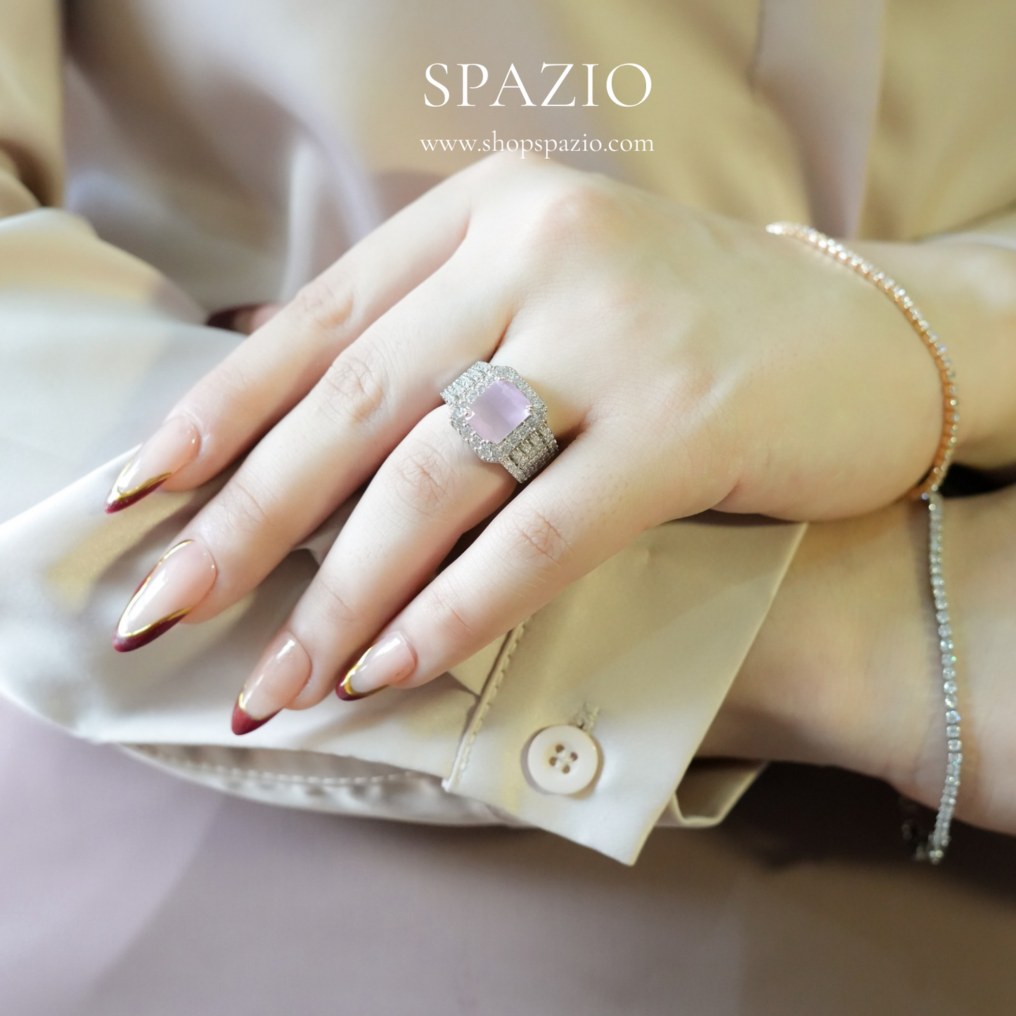 Pink Square Halo Ring - Adjustable