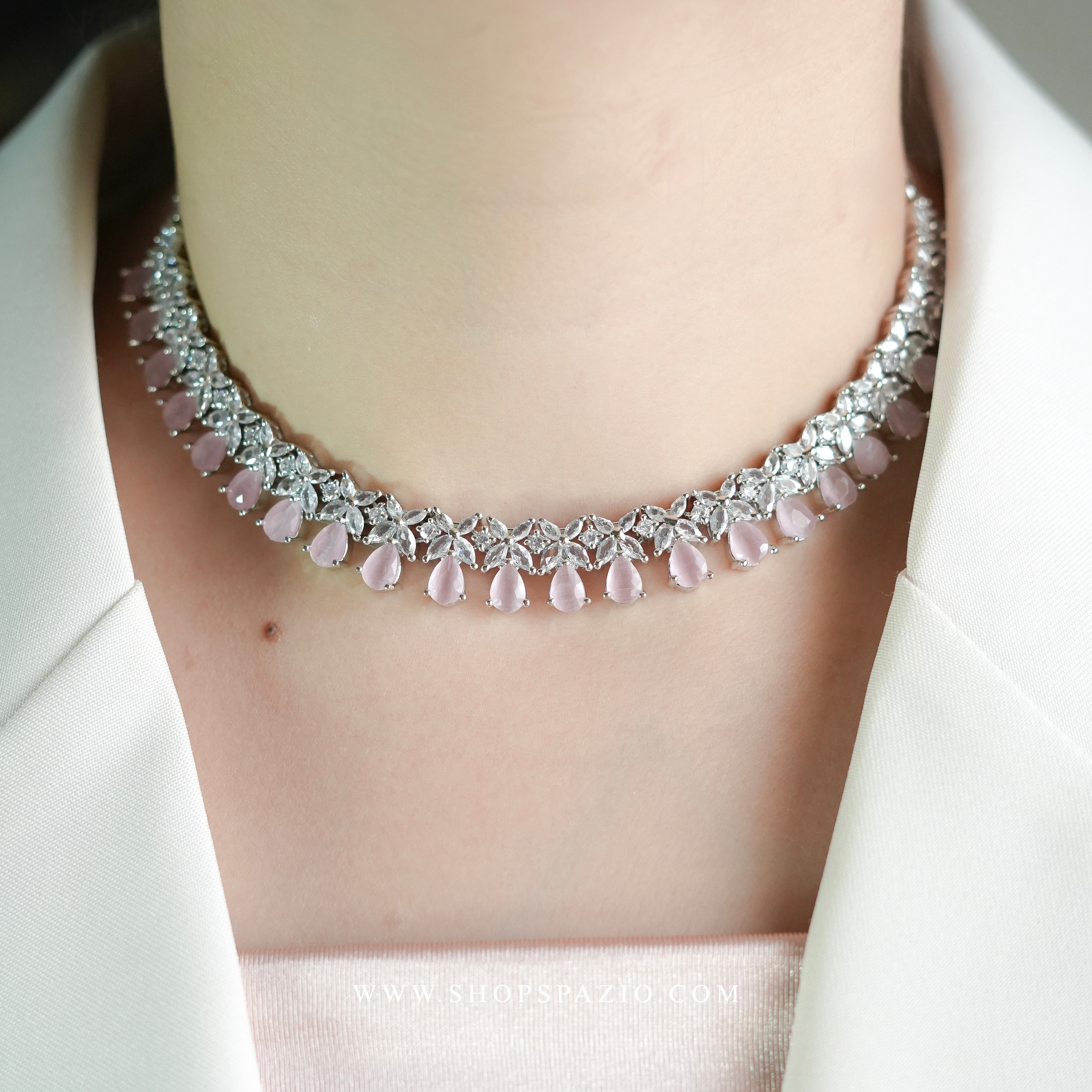 CZ Blossom Necklace Set - Pink