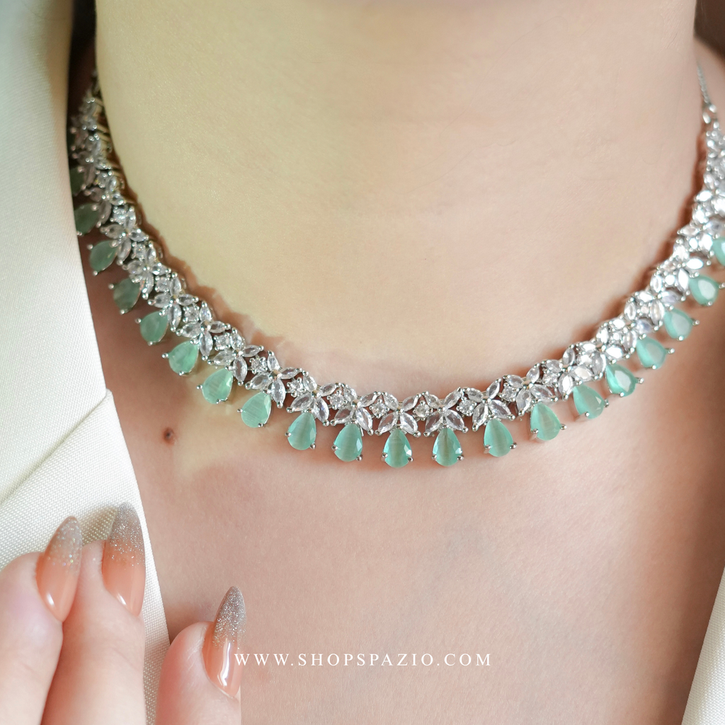 CZ Blossom Necklace Set - Mint Green