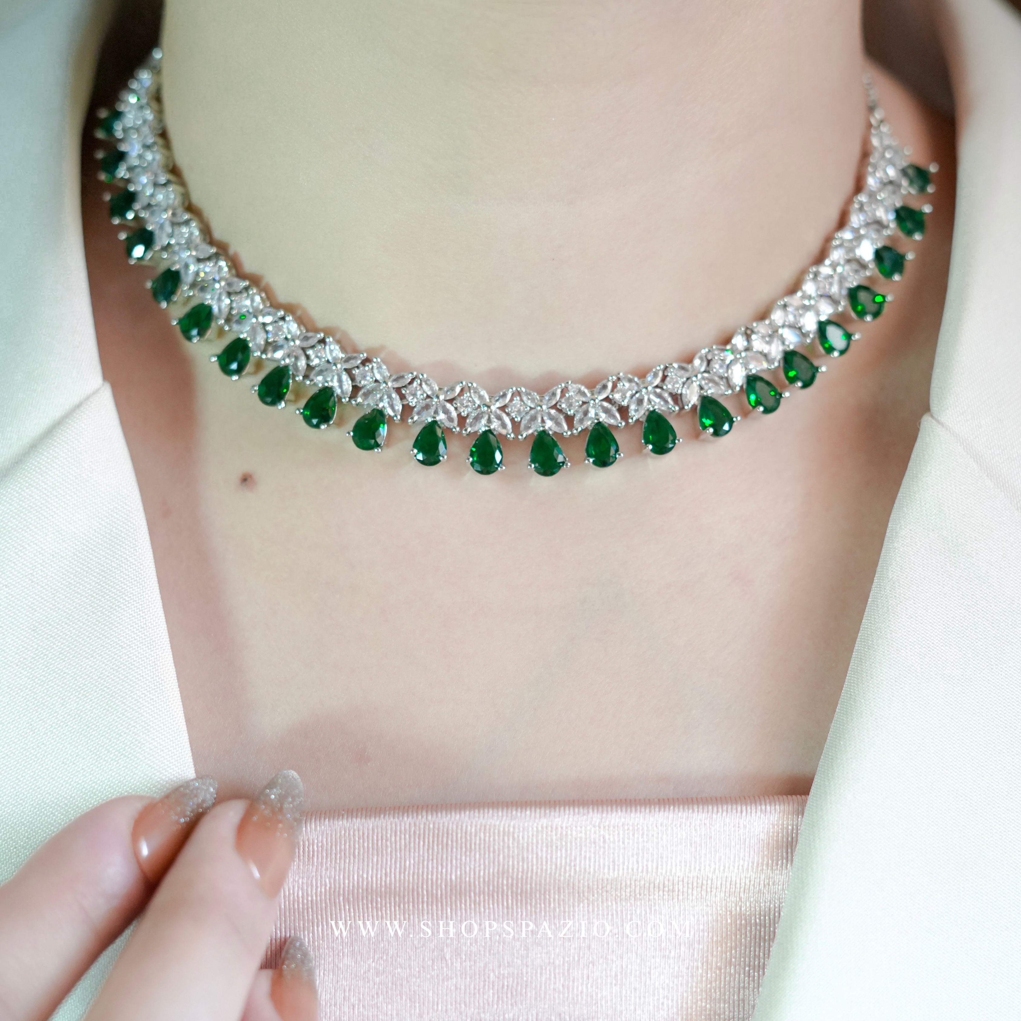 CZ Blossom Necklace Set - Emerald Green