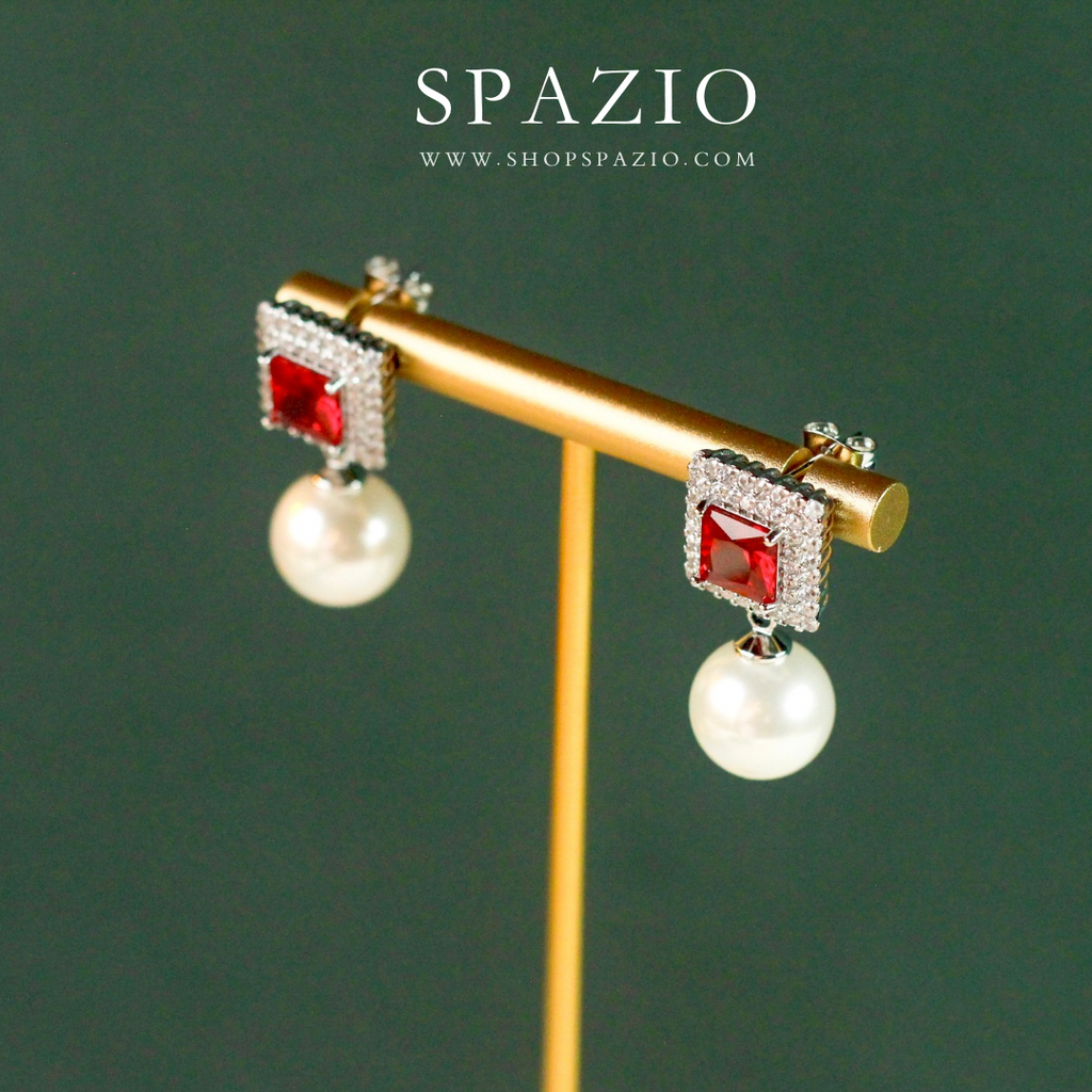 Square Pearl Drop Earrings - Red