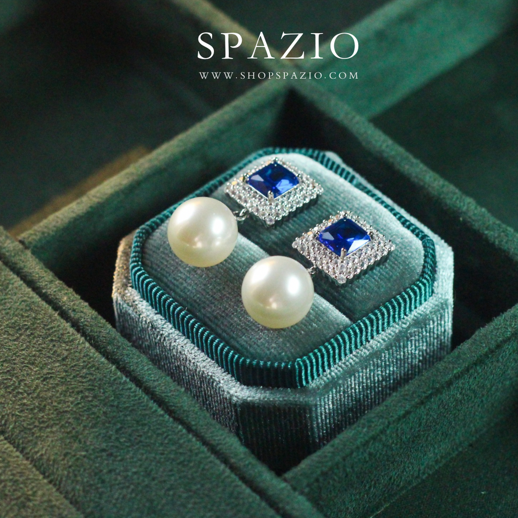 Square Pearl Drop Earrings - Blue