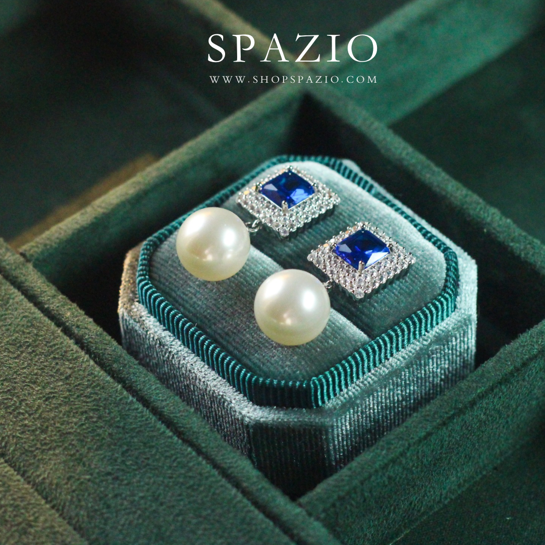 Square Pearl Drop Earrings - Blue