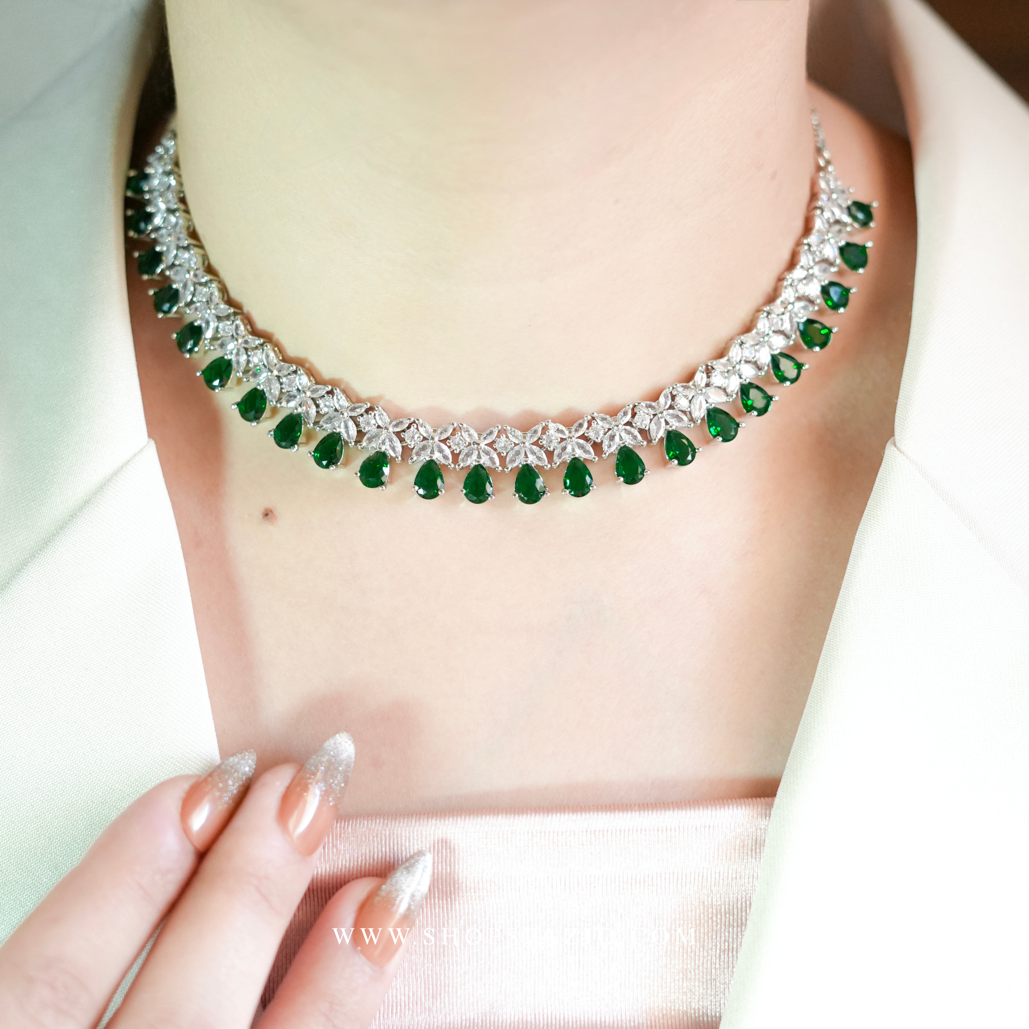 CZ Blossom Necklace Set - Emerald Green