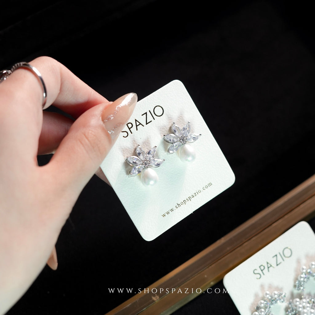 Diamond Flower Pearl Earrings