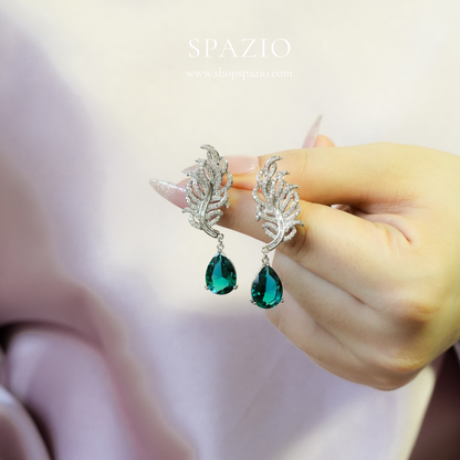 Emerald Feather Drop Earrings