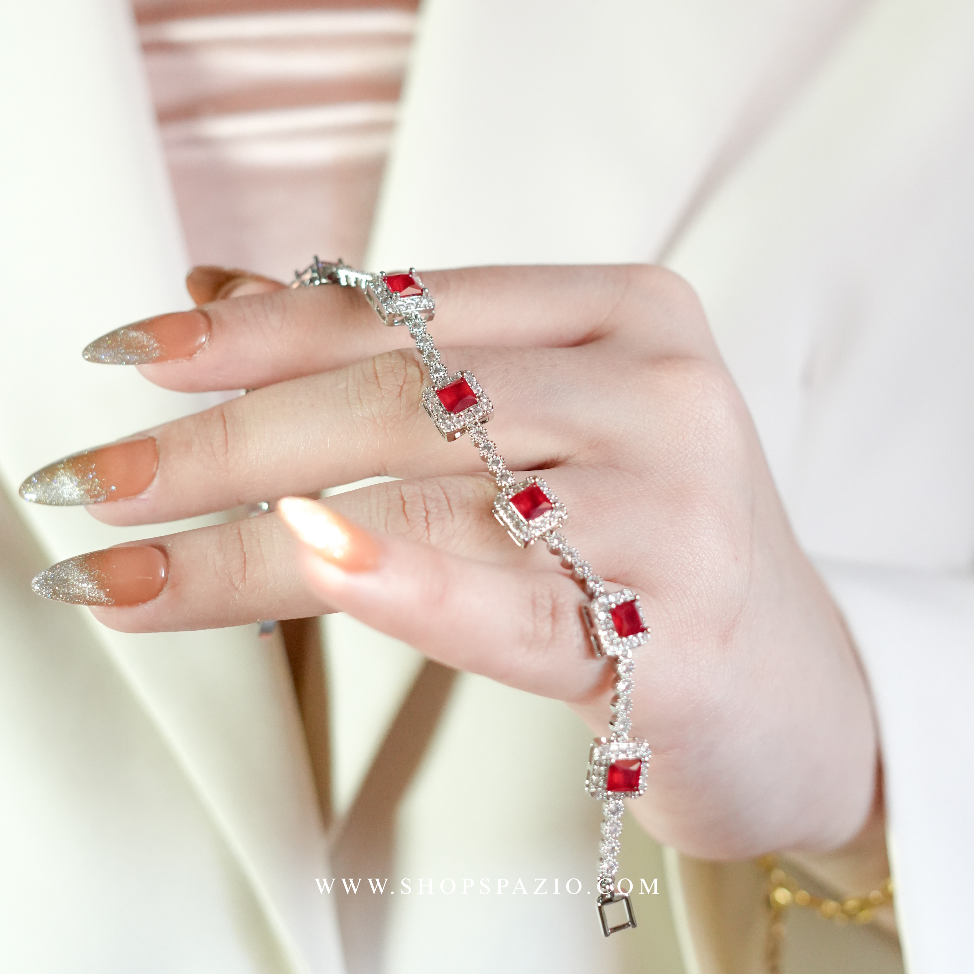 Square CZ Link Bracelet - Red