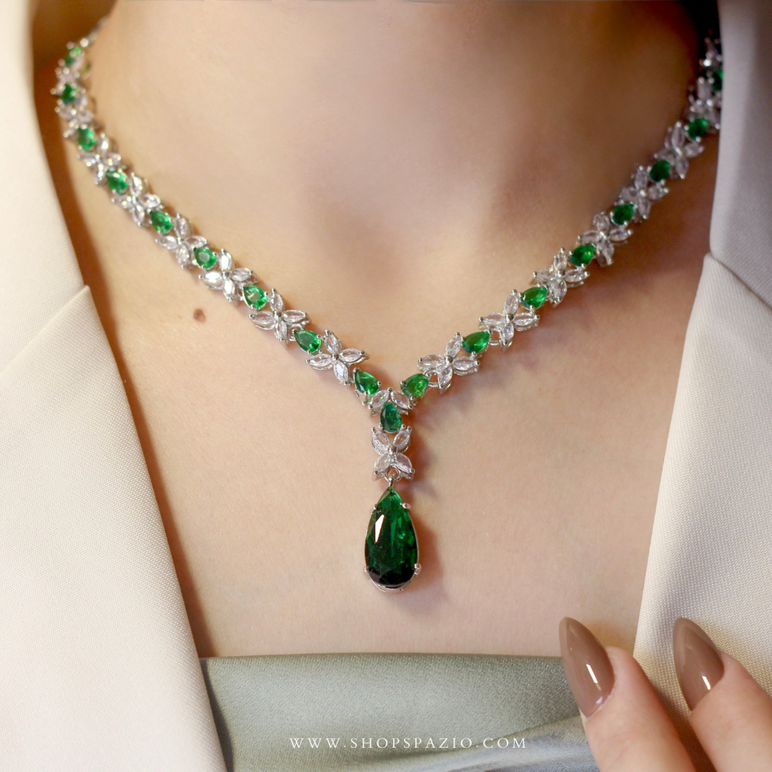 CZ Serenade Necklace Set-Green