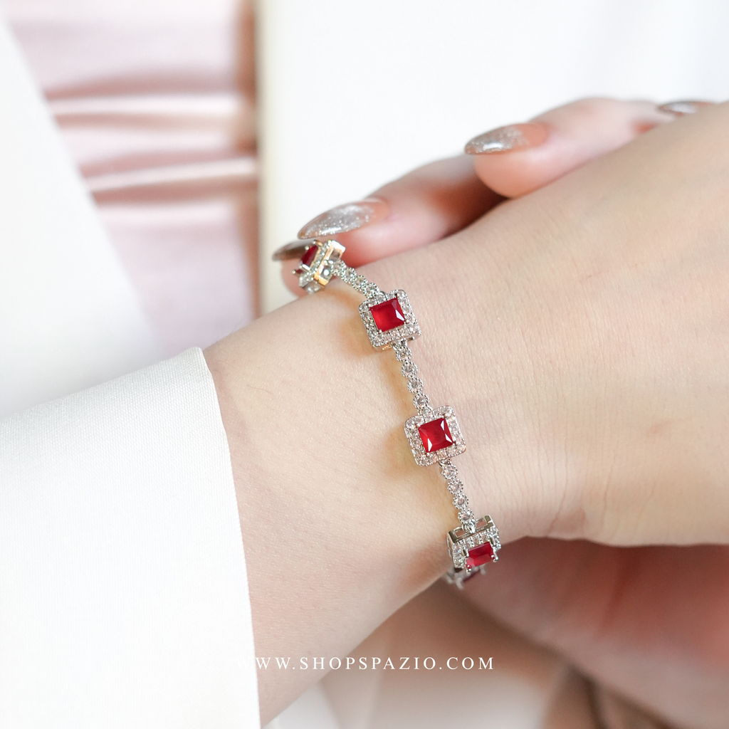 Square CZ Link Bracelet - Red