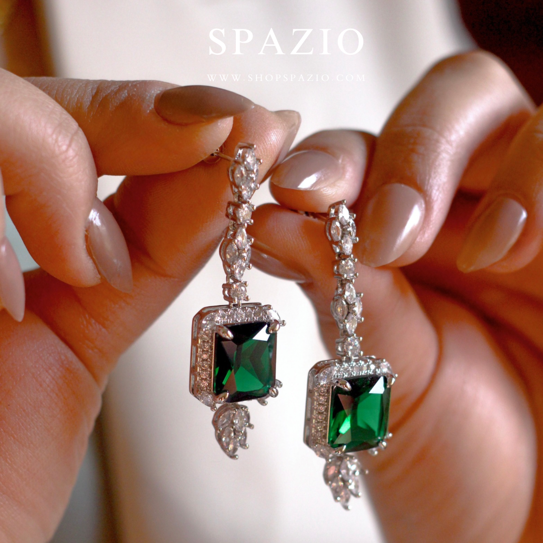 CZ Royal Emerald Drop Earrings