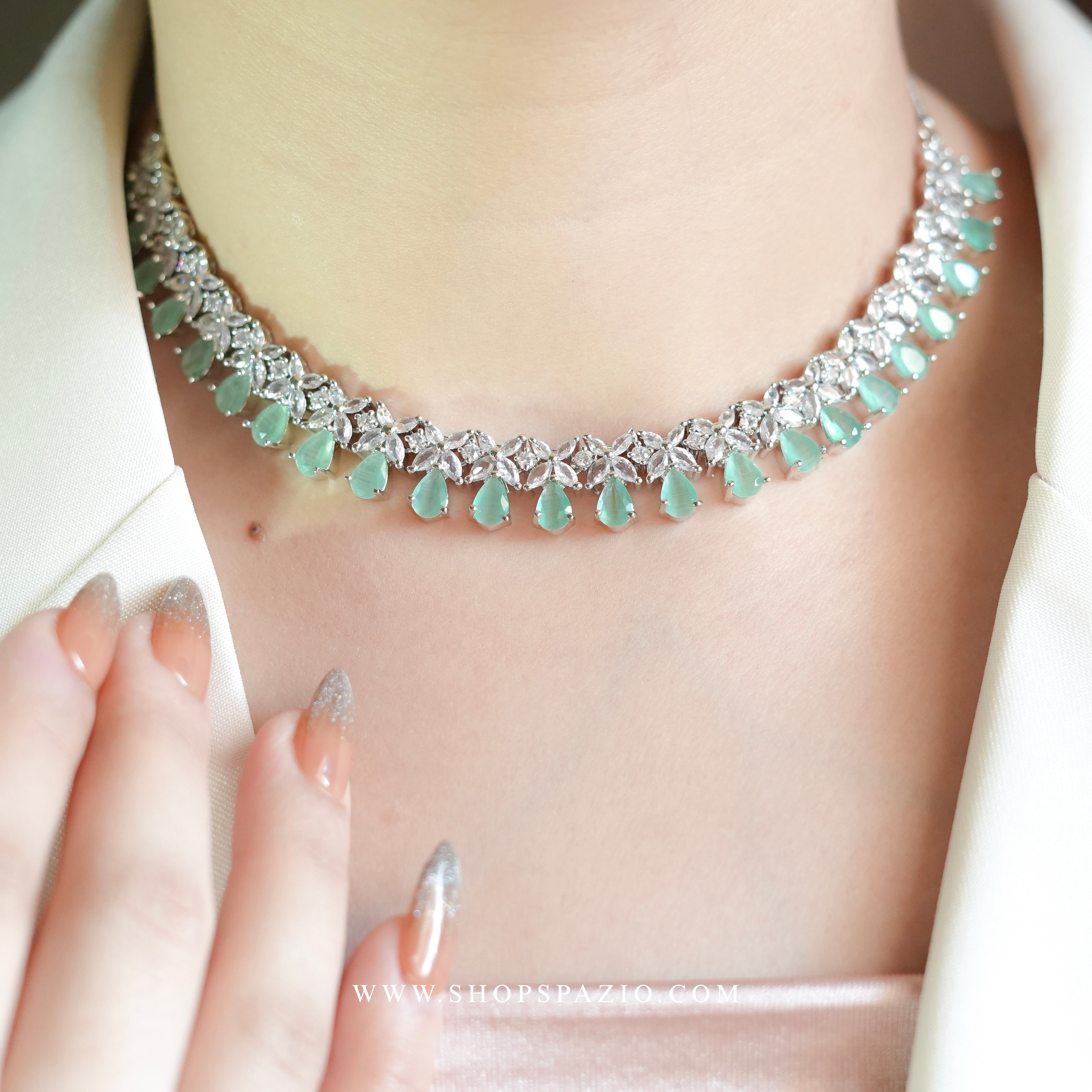 CZ Blossom Necklace Set - Mint Green