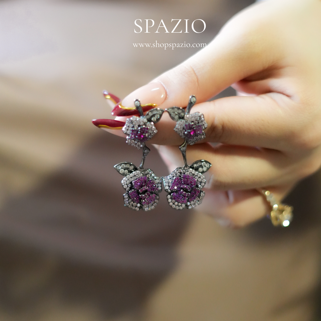 Rosé Bloom Drop Earrings - Purple
