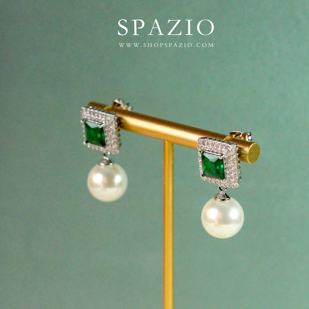 Square Pearl Drop Earrings - Green