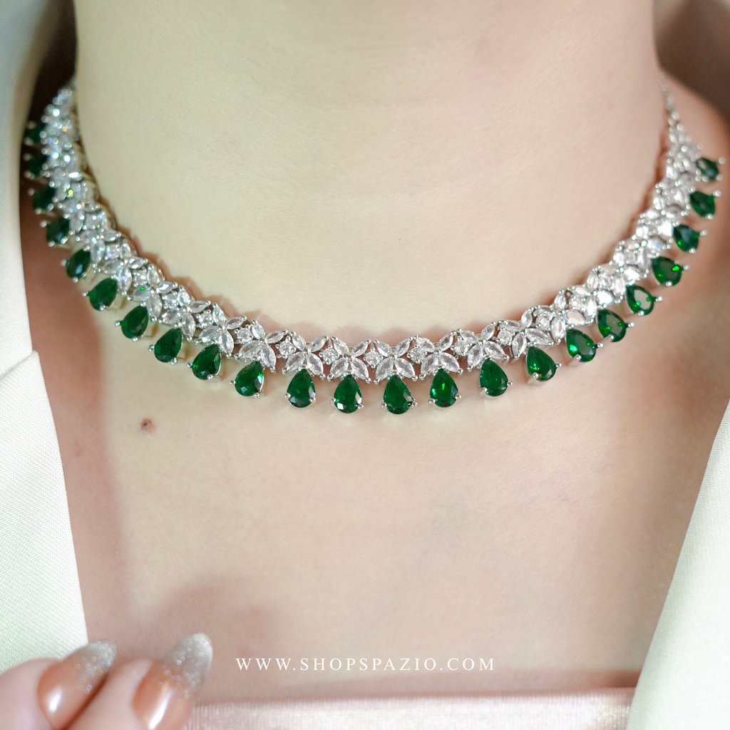 CZ Blossom Necklace Set - Emerald Green