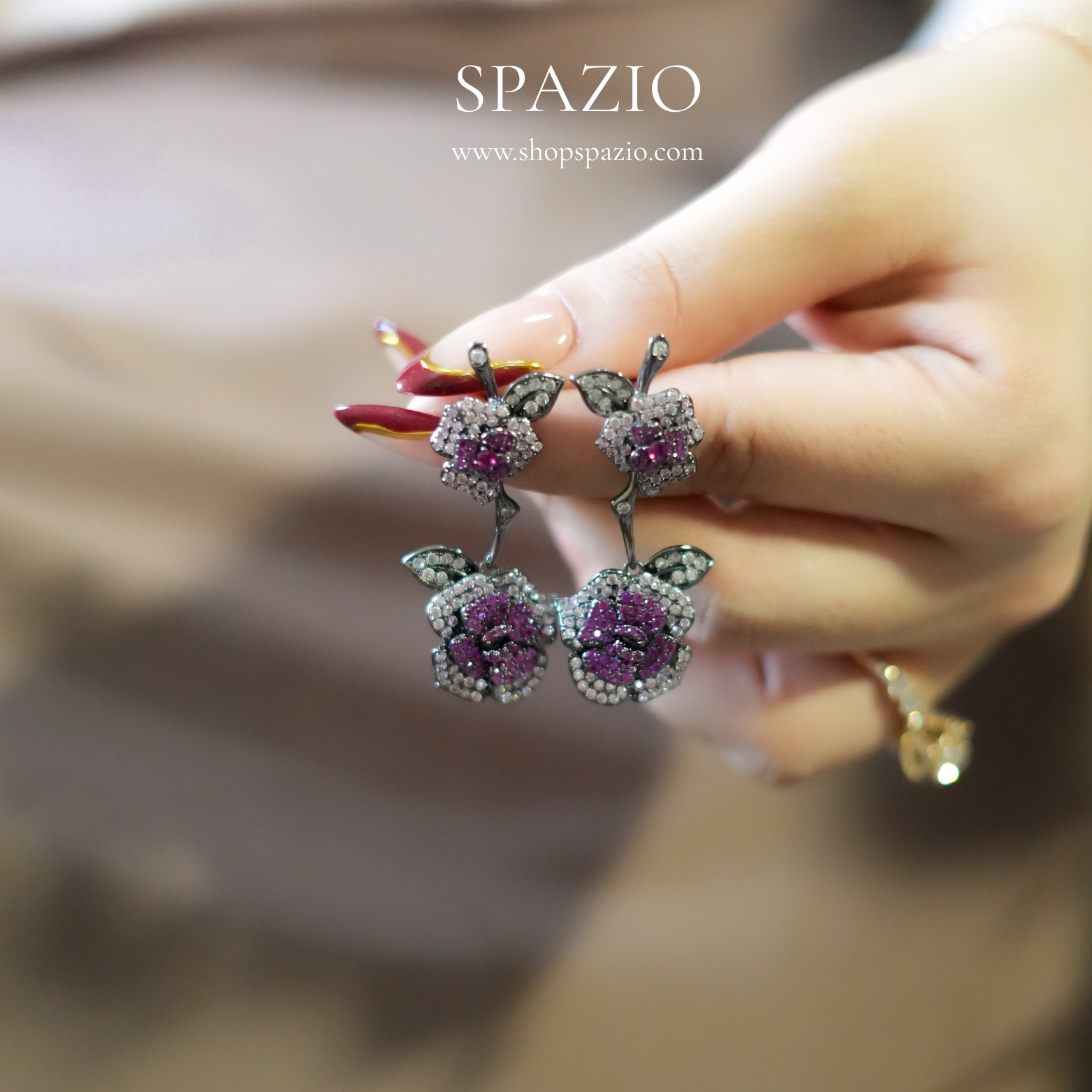 Rosé Bloom Drop Earrings - Purple