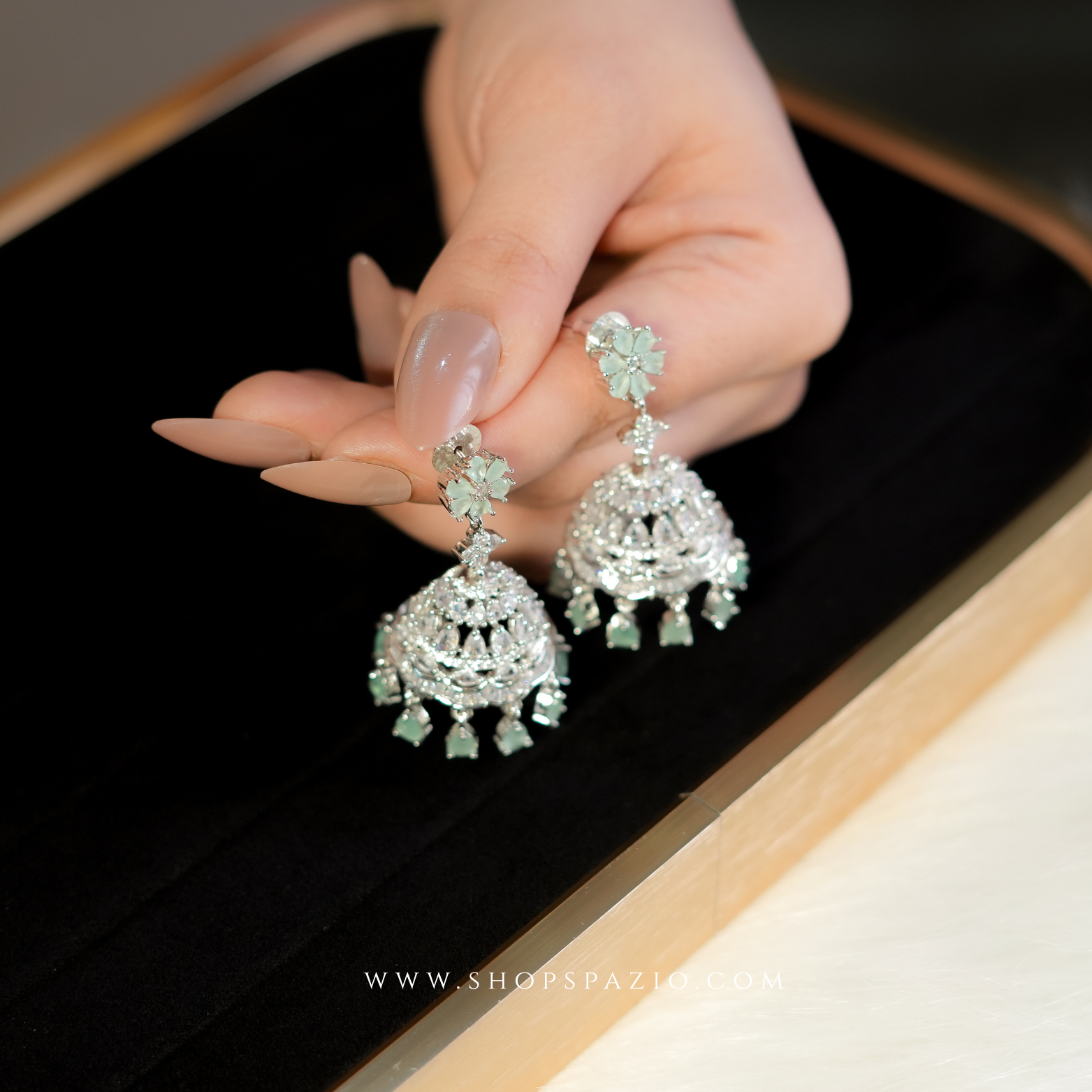 Noor Jhumki Earrings - Mint